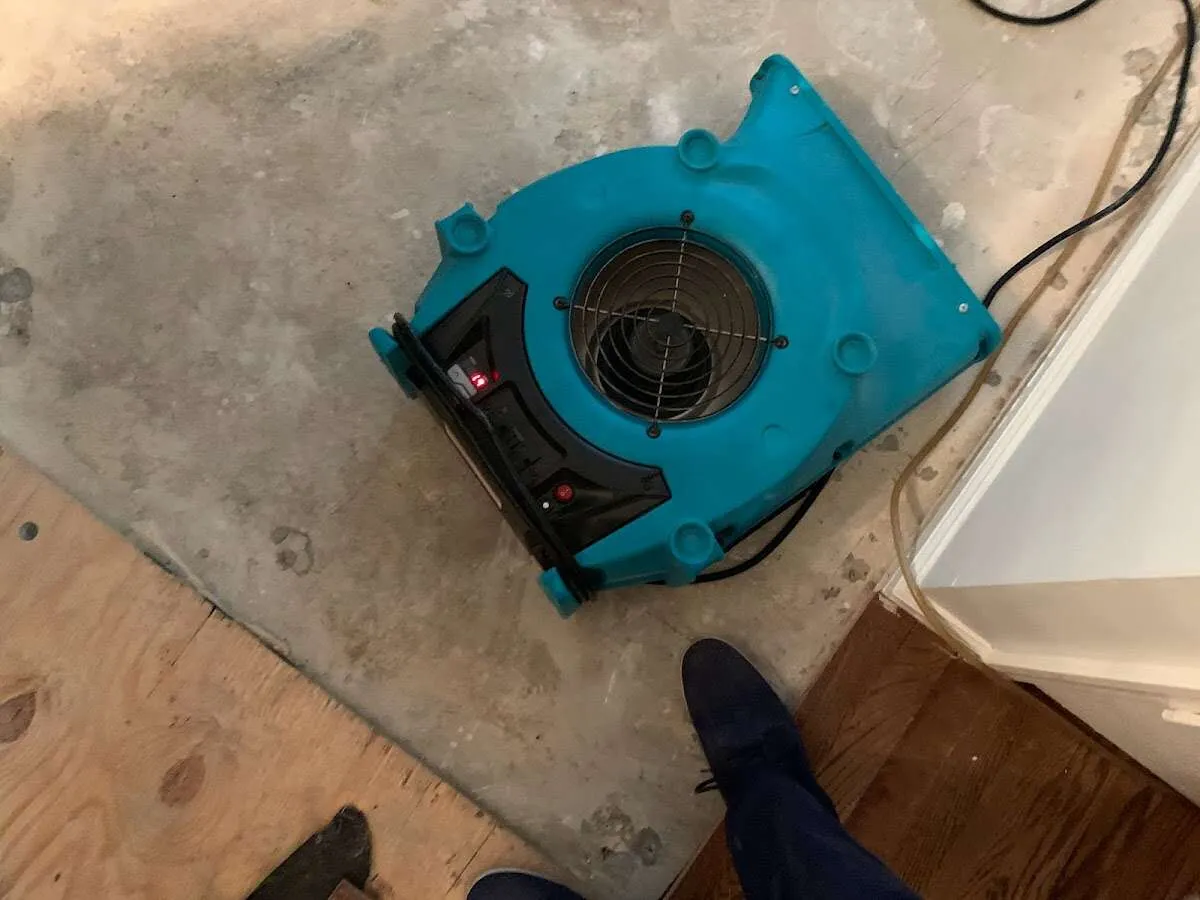 Air mover drying subfloor during Leak Detection & Repair in Burnt Mills